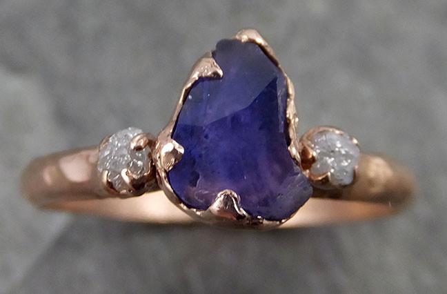 Partially faceted Raw Sapphire Diamond 14k rose Gold Engagement Ring Wedding Ring One Of a Kind Violet Gemstone Ring Multi stone Ring 0499 - by Angeline
