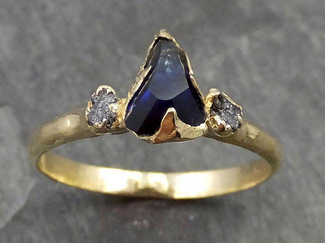 Partially faceted Raw Sapphire Diamond 18k yellow Gold Engagement Ring Wedding Ring Custom One Of a Kind Violet Gemstone Ring Three stone Ring 0501 - by Angeline