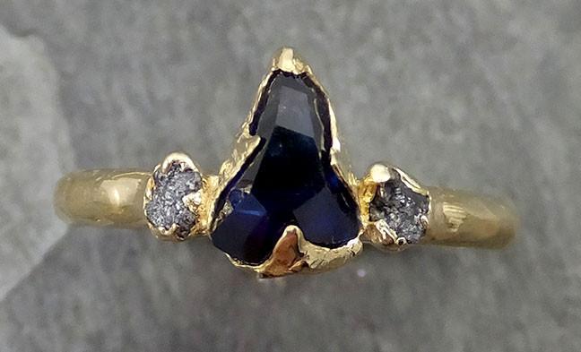 Partially faceted Raw Sapphire Diamond 18k yellow Gold Engagement Ring Wedding Ring Custom One Of a Kind Violet Gemstone Ring Three stone Ring 0501 - by Angeline