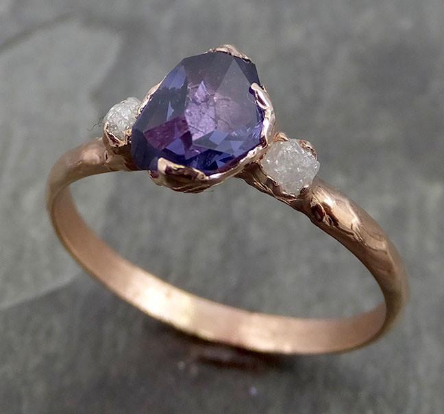 Partially faceted Raw Sapphire Diamond 14k rose Gold Engagement Ring Wedding Ring Custom One Of a Kind Violet Gemstone Ring Three stone Ring 0502 - by Angeline