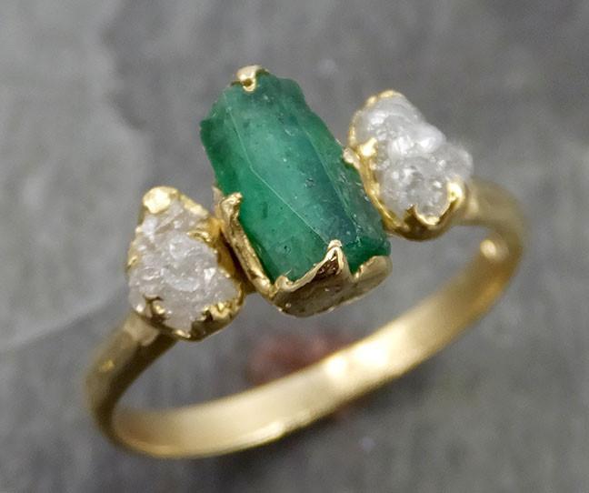 Partially faceted and rough Diamond Emerald Engagement Ring 18k Gold Multi stone Wedding Ring Uncut Birthstone Stacking gemstone Ring byAngeline 0506 - by Angeline