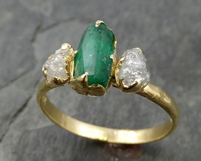 Partially faceted and rough Diamond Emerald Engagement Ring 18k Gold Multi stone Wedding Ring Uncut Birthstone Stacking gemstone Ring byAngeline 0506 - by Angeline