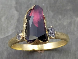 Partially Faceted Sapphire Raw Multi stone Rough Diamond 18k yellow Gold Engagement Ring Wedding Ring Custom One Of a Kind Violet Gemstone Ring Three stone 0507 - by Angeline