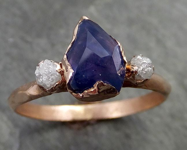 Partially faceted Raw Sapphire Diamond 14k rose Gold Engagement Ring Wedding Ring Custom One Of a Kind Violet Gemstone Ring Multi stone Ring 0510 - by Angeline
