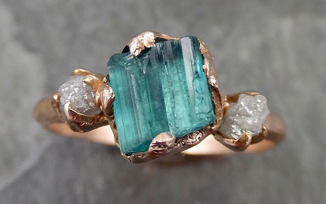 Raw blue green Indicolite Tourmaline Diamond White Gold Engagement Ring Wedding Ring One Of a Kind Gemstone Ring Bespoke Multi stone Ring 0517 - by Angeline