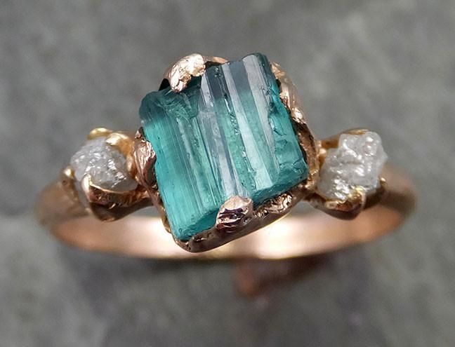 Raw blue green Indicolite Tourmaline Diamond White Gold Engagement Ring Wedding Ring One Of a Kind Gemstone Ring Bespoke Multi stone Ring 0517 - by Angeline
