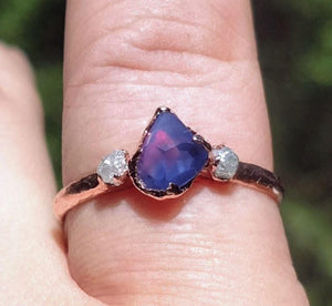 Partially faceted Raw Sapphire Diamond 14k rose Gold Engagement Ring Wedding Ring One Of a Kind Violet Gemstone Ring Three stone Ring 0489 - by Angeline