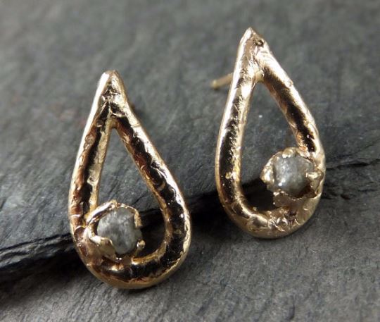 Gold diamond droplet Stud earrings raw Diamond Post earrings Teardrop 14k Rough Diamonds ByAngeline Earrings - by Angeline