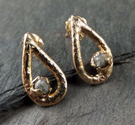 Gold diamond droplet Stud earrings raw Diamond Post earrings Teardrop 14k Rough Diamonds ByAngeline Earrings - by Angeline