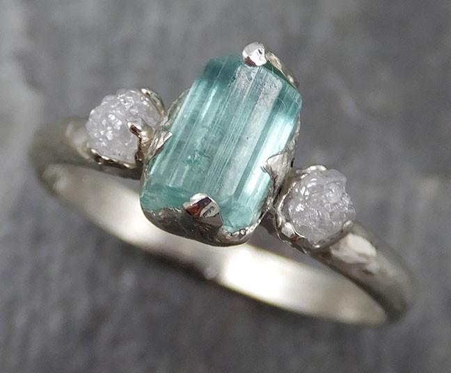 Sea Green Tourmaline Diamond Multi stone White Gold Ring Rough Uncut Gemstone tourmaline recycled 14k Engagement Wedding Ring 0519 - by Angeline