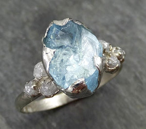 Raw Uncut Aquamarine Diamond White Gold Engagement Ring Wedding Ring Custom One Of a Kind Gemstone Ring Multi stone Ring 0520 - by Angeline