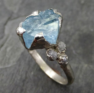 Raw Uncut Aquamarine Diamond White Gold Engagement Ring Wedding Ring Custom One Of a Kind Gemstone Ring Multi stone Ring 0520 - by Angeline
