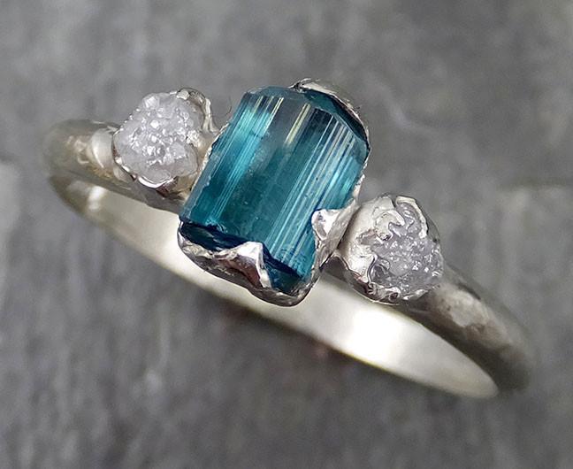 Raw blue green Indicolite Tourmaline Diamond White Gold Engagement gemstone Ring Wedding Ring One Of a Kind Gemstone Ring Bespoke Multi stone Ring 0524 - by Angeline
