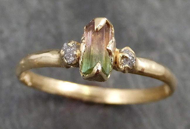 Raw Bi-Color Tourmaline Dainty Diamond 14k yellow Gold Multi stone Engagement Ring Wedding Ring One Of a Kind Gemstone Ring Bespoke Three stone Ring 0529 - by Angeline