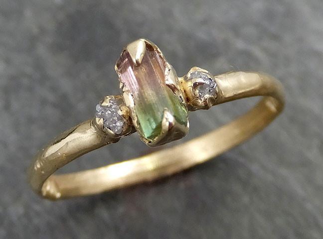 Raw Bi-Color Tourmaline Dainty Diamond 14k yellow Gold Multi stone Engagement Ring Wedding Ring One Of a Kind Gemstone Ring Bespoke Three stone Ring 0529 - by Angeline