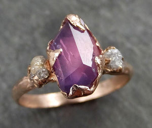 Partially faceted Raw Sapphire Diamond 14k rose Gold Engagement Ring Wedding Ring Custom One Of a Kind Violet Gemstone Ring Three stone Ring 0532 - by Angeline