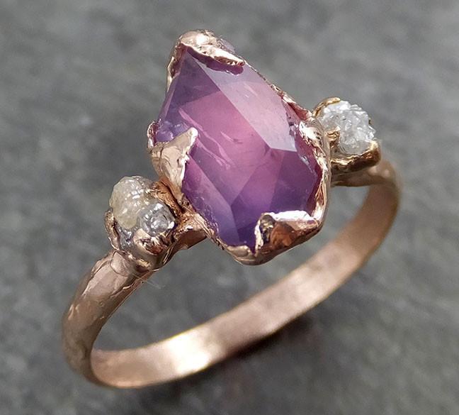 Partially faceted Raw Sapphire Diamond 14k rose Gold Engagement Ring Wedding Ring Custom One Of a Kind Violet Gemstone Ring Three stone Ring 0532 - by Angeline
