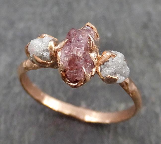 Raw Sapphire Diamond Gold Engagement Ring Multi stone Wedding Ring Custom One Of a Kind Pink Gemstone Ring Three stone Ring 0534 - by Angeline