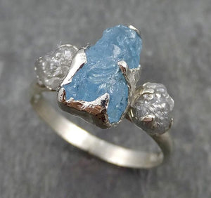 Raw Uncut Aquamarine Diamond white 14k Gold Engagement Ring Wedding Ring Custom One Of a Kind Gemstone Ring Multi stone Ring 0535 - by Angeline