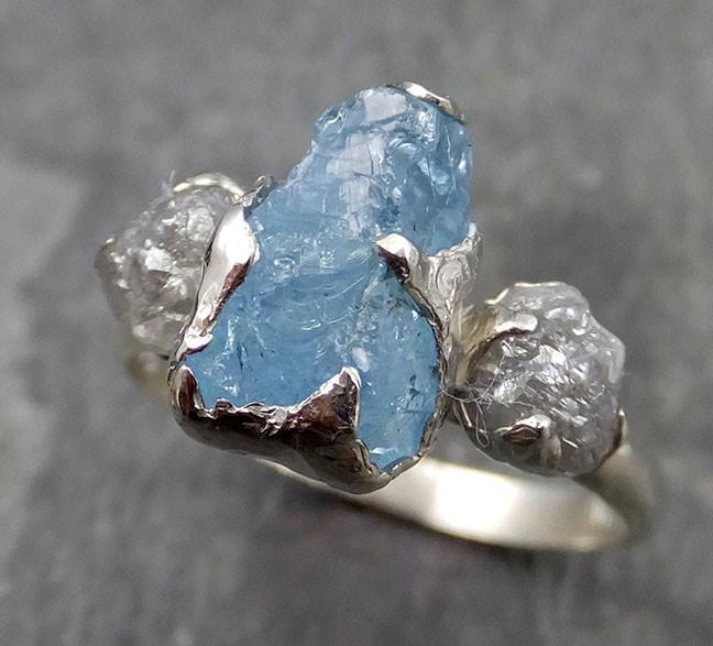 Raw Uncut Aquamarine Diamond white 14k Gold Engagement Ring Wedding Ring Custom One Of a Kind Gemstone Ring Multi stone Ring 0535 - by Angeline