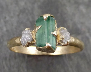 Sea Green Tourmaline Diamond Multi stone Yellow Gold Ring Rough Uncut Gemstone tourmaline recycled 14k Engagement Wedding Ring 0539 - by Angeline