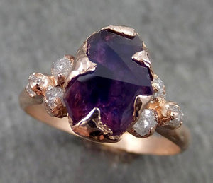 Partially faceted Raw Sapphire Diamond 14k rose Gold Engagement Ring Wedding Ring Custom One Of a Kind Violet Gemstone Ring Three stone Ring 0542 - by Angeline