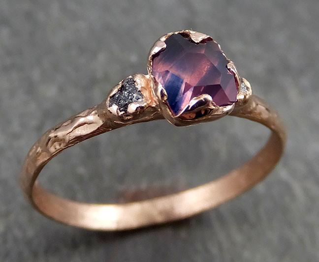 Partially faceted Raw Sapphire Diamond 14k rose Gold Engagement Ring Wedding Ring Custom One Of a Kind Violet Gemstone Ring Three stone Ring 0543 - by Angeline