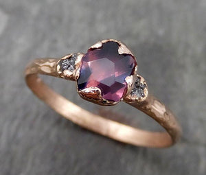 Partially faceted Raw Sapphire Diamond 14k rose Gold Engagement Ring Wedding Ring Custom One Of a Kind Violet Gemstone Ring Three stone Ring 0543 - by Angeline