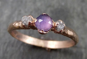 Partially faceted Raw Sapphire Diamond 14k rose Gold Dainty Engagement Ring Wedding Ring Custom One Of a Kind Gemstone Ring Three stone Ring 0544 - by Angeline