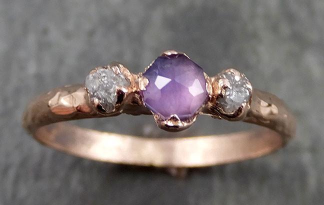 Partially faceted Raw Sapphire Diamond 14k rose Gold Dainty Engagement Ring Wedding Ring Custom One Of a Kind Gemstone Ring Three stone Ring 0544 - by Angeline