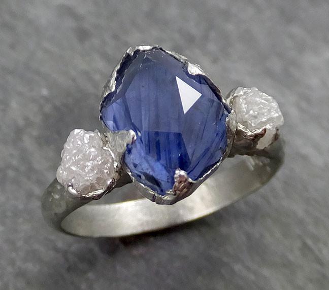 Partially Faceted Sapphire Raw Multi stone Rough Diamond 18k Gold Engagement Ring Wedding Ring Custom One Of a Kind Gemstone Ring Three stone 0546 - by Angeline