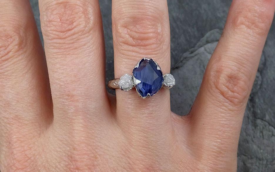 Partially Faceted Sapphire Raw Multi stone Rough Diamond 18k Gold Engagement Ring Wedding Ring Custom One Of a Kind Gemstone Ring Three stone 0546 - by Angeline