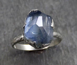 Partially Faceted Sapphire Solitaire 18k white Gold Engagement Ring Wedding Ring Custom One Of a Kind Gemstone Ring 0547 - by Angeline