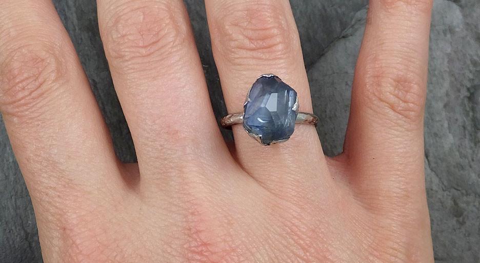 Partially Faceted Sapphire Solitaire 18k white Gold Engagement Ring Wedding Ring Custom One Of a Kind Gemstone Ring 0547 - by Angeline