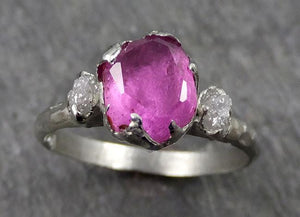 Partially Faceted Sapphire Raw Multi stone Rough Diamond 18k white Gold Engagement Ring Wedding Ring Custom One Of a Kind Gemstone Ring Three stone 0548 - by Angeline