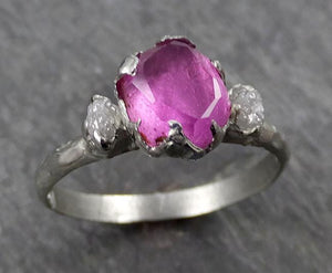 Partially Faceted Sapphire Raw Multi stone Rough Diamond 18k white Gold Engagement Ring Wedding Ring Custom One Of a Kind Gemstone Ring Three stone 0548 - by Angeline