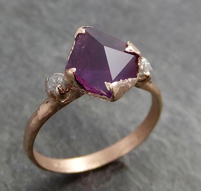 Partially faceted Raw Sapphire Diamond 14k rose Gold Engagement Ring Wedding Ring Custom One Of a Kind Violet Gemstone Ring Three stone Ring 0552 - by Angeline