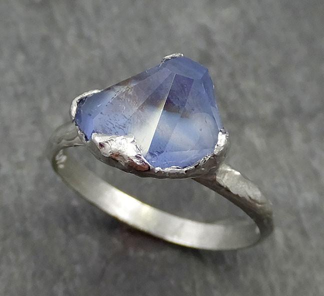 Partially Faceted Sapphire Solitaire 18k white Gold Engagement Ring Wedding Ring Custom One Of a Kind Gemstone Ring 0554 - by Angeline
