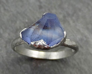 Partially Faceted Sapphire Solitaire 18k white Gold Engagement Ring Wedding Ring Custom One Of a Kind Gemstone Ring 0554 - by Angeline