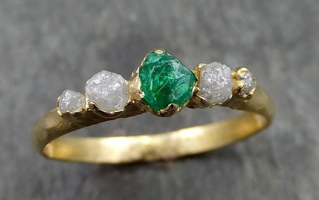 Raw Rough Emerald Conflict Free Diamonds 18k yellow Gold Ring One Of a Kind Gemstone Multi stone Engagement Wedding Ring Recycled gold 0555 - by Angeline