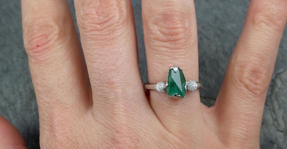 Partially faceted Emerald and Diamond Gemstone Engagement Ring 18k Gold Multi stone Wedding Ring Uncut Birthstone Stacking Ring Rough Diamond Ring byAngeline 0556 - by Angeline