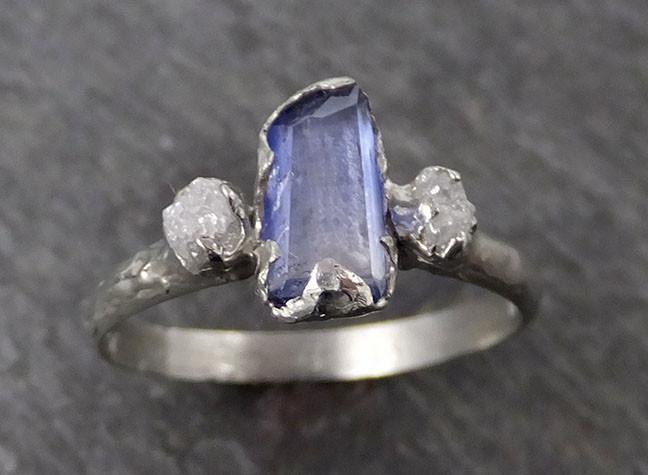Partially faceted Blue Tanzanite Diamond 18k White Gold Engagement Ring Wedding Ring One Of a Kind Gemstone Ring Three stone Ring 0557 - by Angeline