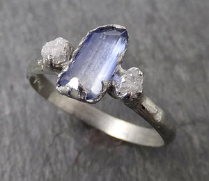 Partially faceted Blue Tanzanite Diamond 18k White Gold Engagement Ring Wedding Ring One Of a Kind Gemstone Ring Three stone Ring 0557 - by Angeline