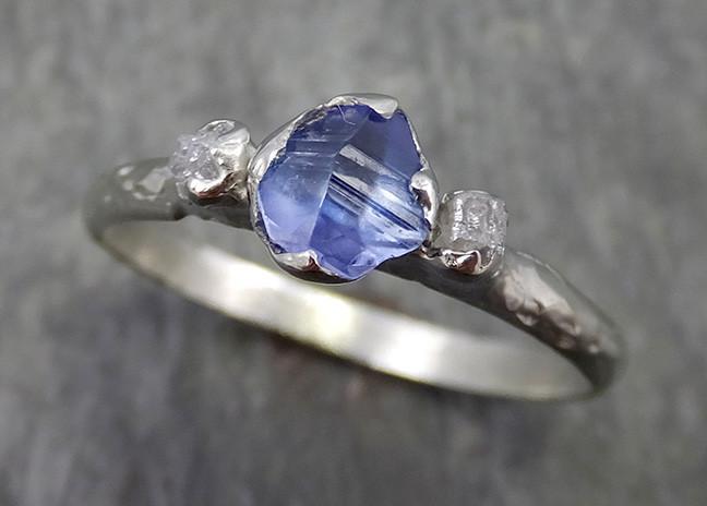 Dainty Naturally faceted Sapphire Raw Rough Diamond 18k white Gold Engagement Ring Wedding Ring Custom One Of a Kind Gemstone Three stone Ring byAngeline 0572 - by Angeline
