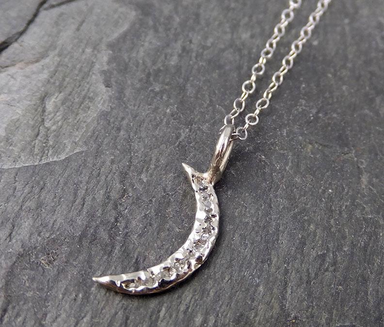 Raw Rough Dainty Diamond 14k White Gold Moon Pendant Charm Necklace black diamond Hammered Moon By Angeline 0890 - by Angeline