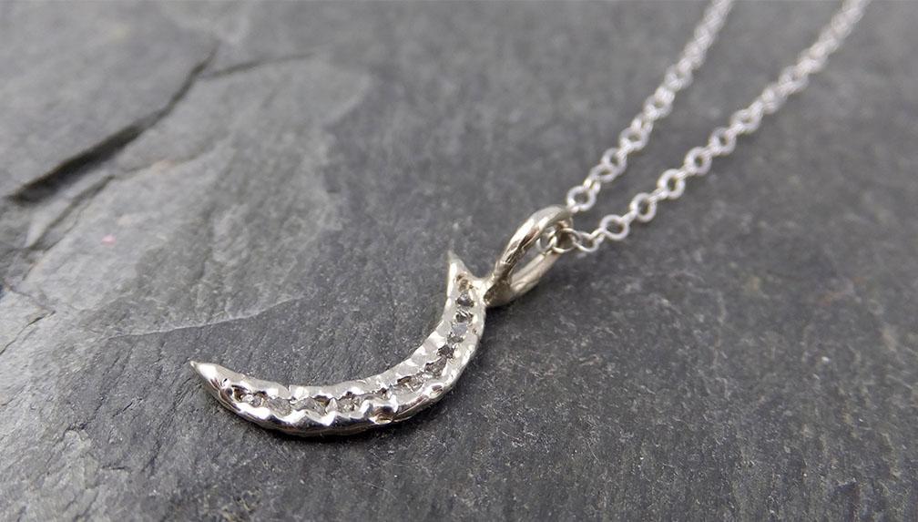 Raw Rough Dainty Diamond 14k White Gold Moon Pendant Charm Necklace black diamond Hammered Moon By Angeline 0890 - by Angeline