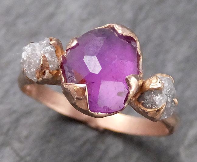 Partially faceted Raw Sapphire Diamond 14k rose Gold Engagement Ring Wedding Ring Custom One Of a Kind Gemstone Ring Multi stone Ring 0705 - by Angeline