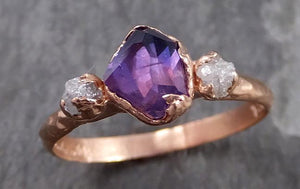 Partially faceted Raw Sapphire Diamond 14k rose Gold Engagement Ring Wedding Ring Custom One Of a Kind Gemstone Ring Three stone Ring 0708 - by Angeline