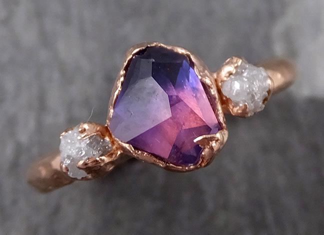 Partially faceted Raw Sapphire Diamond 14k rose Gold Engagement Ring Wedding Ring Custom One Of a Kind Gemstone Ring Three stone Ring 0708 - by Angeline