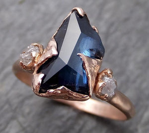 Partially faceted Raw Sapphire Diamond 14k rose Gold Engagement Ring Wedding Ring Custom One Of a Kind Gemstone Ring Multi stone Ring 0709 - by Angeline